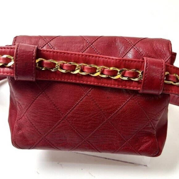 CHANEL 24K Vintage Waist Bag Fanny Pack CC Lambskin Waist Bag Pouch Bum Bag Red - Picture 9 of 16